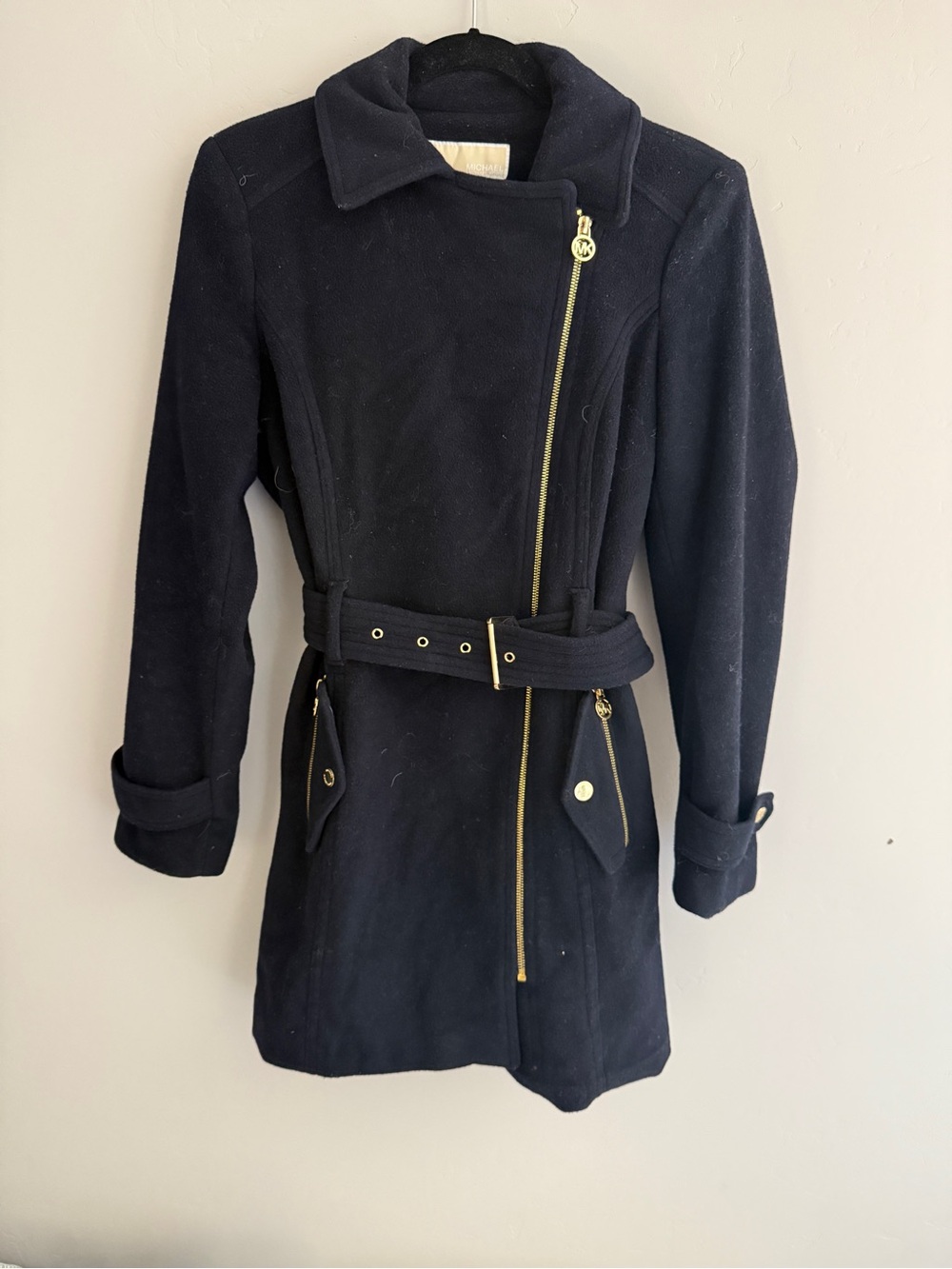 Michael Kors Wool Blend Asymmetrical Zip Belted Coat - Black